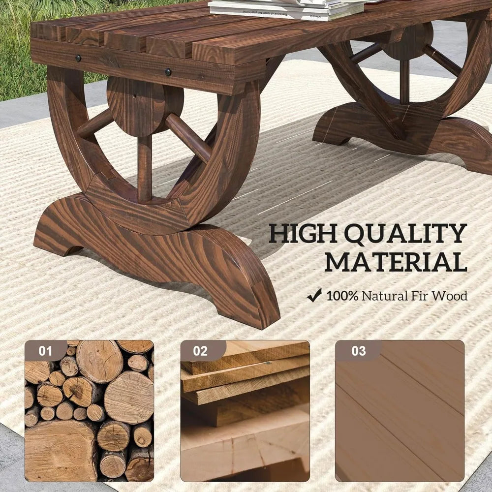 Outsunny 2-Person Wooden Garden Bench, Outdoor Wagon Wheel Porch Bench for Backyard Garden, Support 550 LBS, Rustic Country Styl