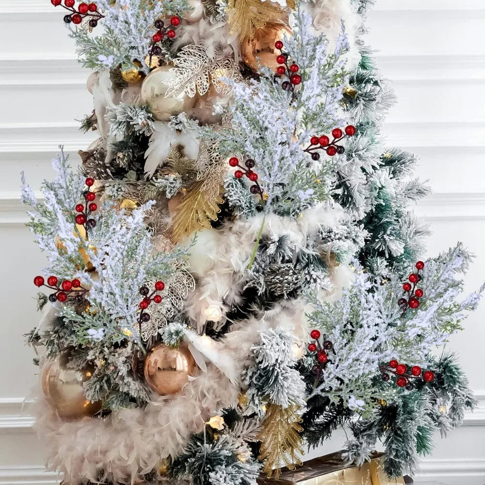 6 Pcs Snowy Artificial Cedar Picks with Red Berries Frosted Faux Cedar Sprays Christmas Cedar Greenery Branches Stems for Chris
