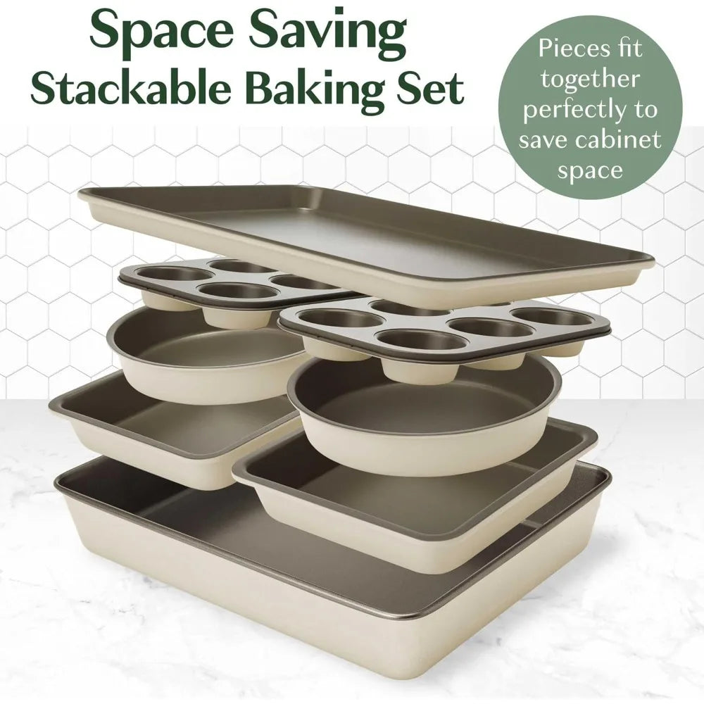 Goodful All-In-One Nonstick Bakeware Set, Stackable and Space Saving Design includes Round and Square Pans, Muffin Pans, Cookie