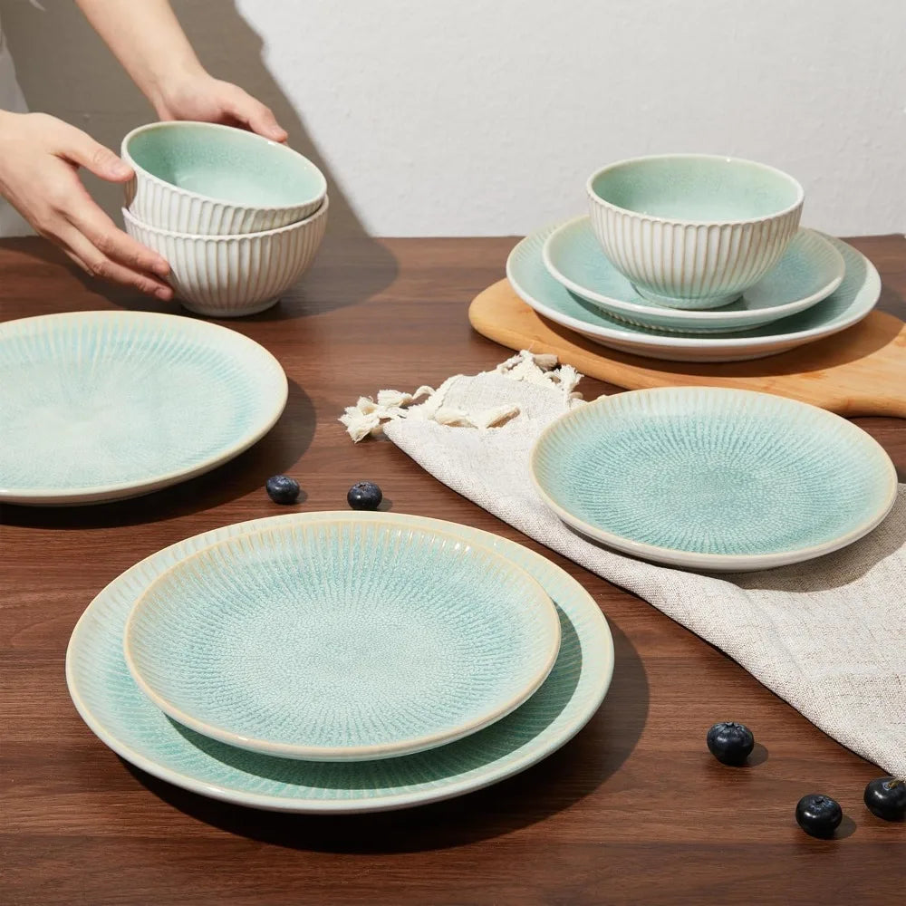 Stoneware Dinnerware Sets, Round Reactive Glaze Ceramic Plates and Bowls Set, Dishwasher & Microwave Safe Dishes Set, Distinctiv