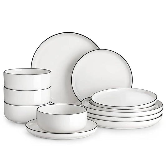 Plates And Bowls Sets, 12 Pieces Modern Porcelain Dinnerware Set For 4 White Kitchen Dinner Dining Ware Set Wtih Bla Rim