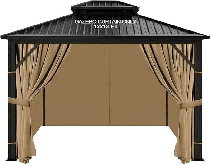 12'x12' Gazebo Curtains Outdoor Waterproof, Khaki Universal Replacement Curtain 4-Panels, Sidewalls with Zipper for Garden, Pati