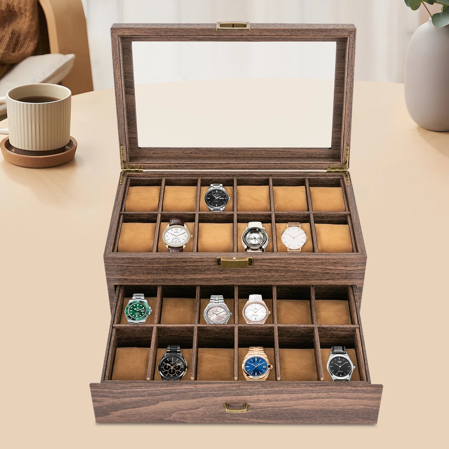 24 Slot Watch Box Tabletop Brown Watch Holder Organizer Lockable Jewelry Display Box Storage