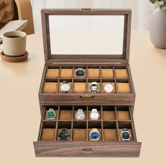 24 Slot Watch Box Tabletop Brown Watch Holder Organizer Lockable Jewelry Display Box Storage