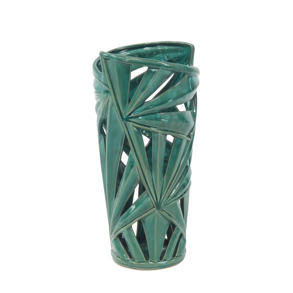 Modern Green Stoneware Vase with Triangular Cut Out Designs Home Decoration Indoor Use Glossy Finish Elegant Accent Piece