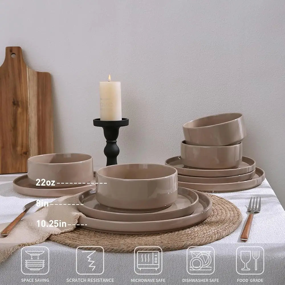 Nebula Plates And Bowls Set, 12 Pieces Dinnerware Sets, Dishes Set For 4, Cinnamon Brown