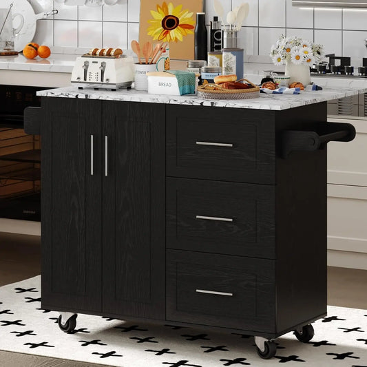 Rolling Island with Storage and Drop Leaf, Marble Tabletop, Kitchen Island on Wheels with Towel Rack & Spice Rack, Portable Isl