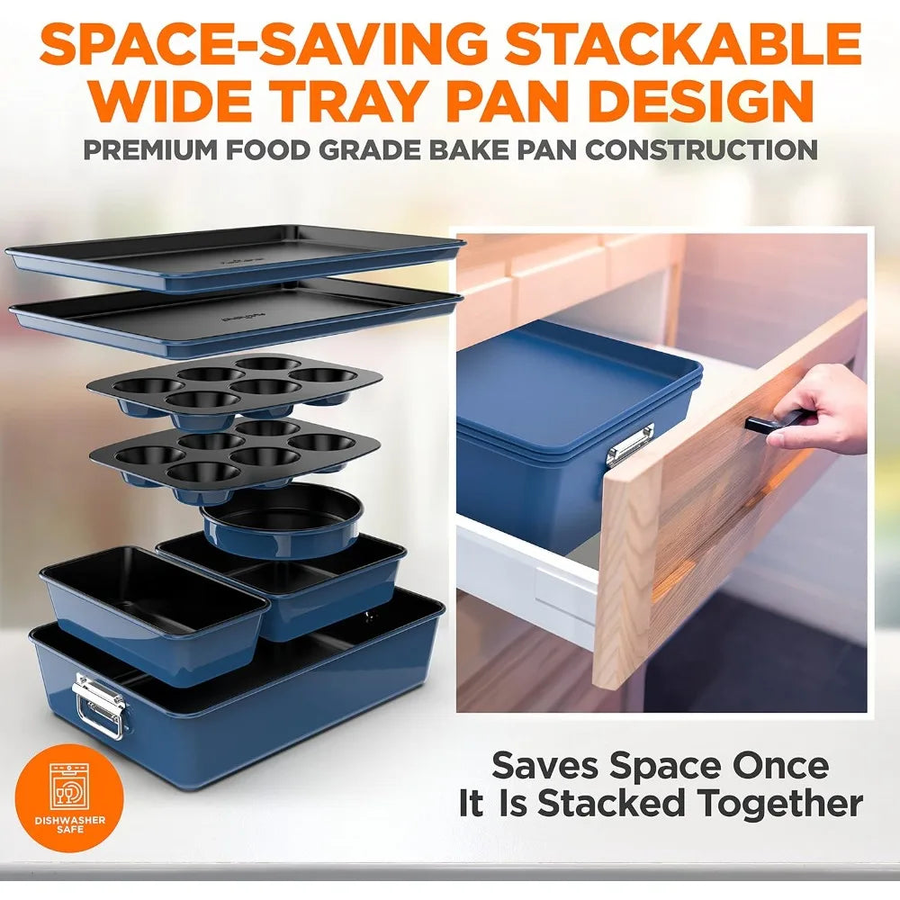 NutriChef 8-Piece Nonstick Stackable Bakeware Set - PFOA, PFOS, PTFE Free Baking Tray Set w/Non-Stick Coating, 450°F Oven Safe,
