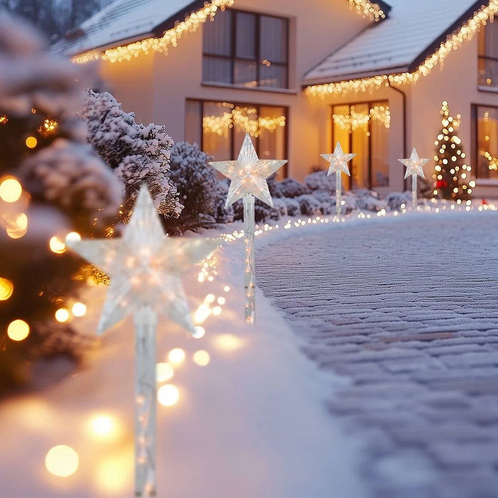 Lighted Star Christmas Pathway Markers 4ct Clear Mini Lights Outdoor Lawn Stakes Decorations Yard Holiday Decoration