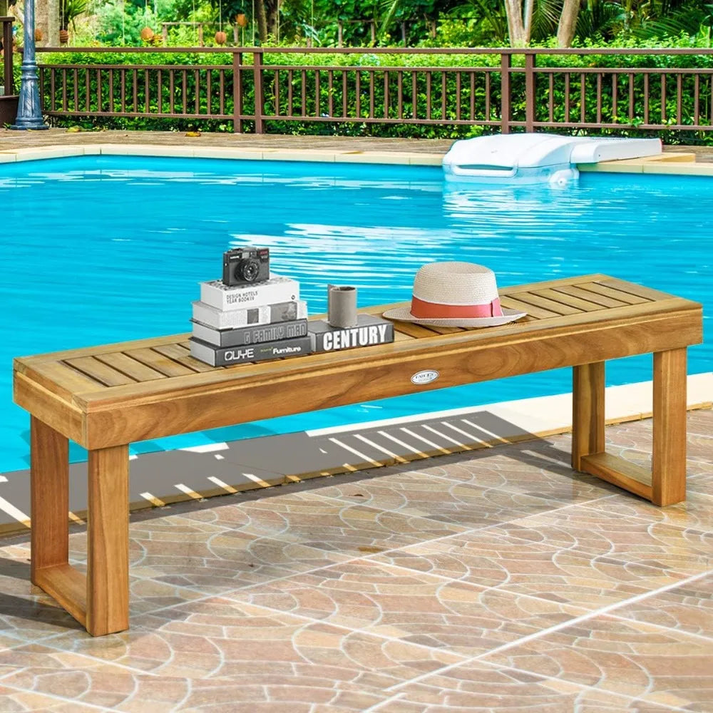 52” Outdoor Acacia Wood Garden Bench, Patio Wood Dining Bench with Slatted Seat, Wooden Backless Bench for Outdoors & I
