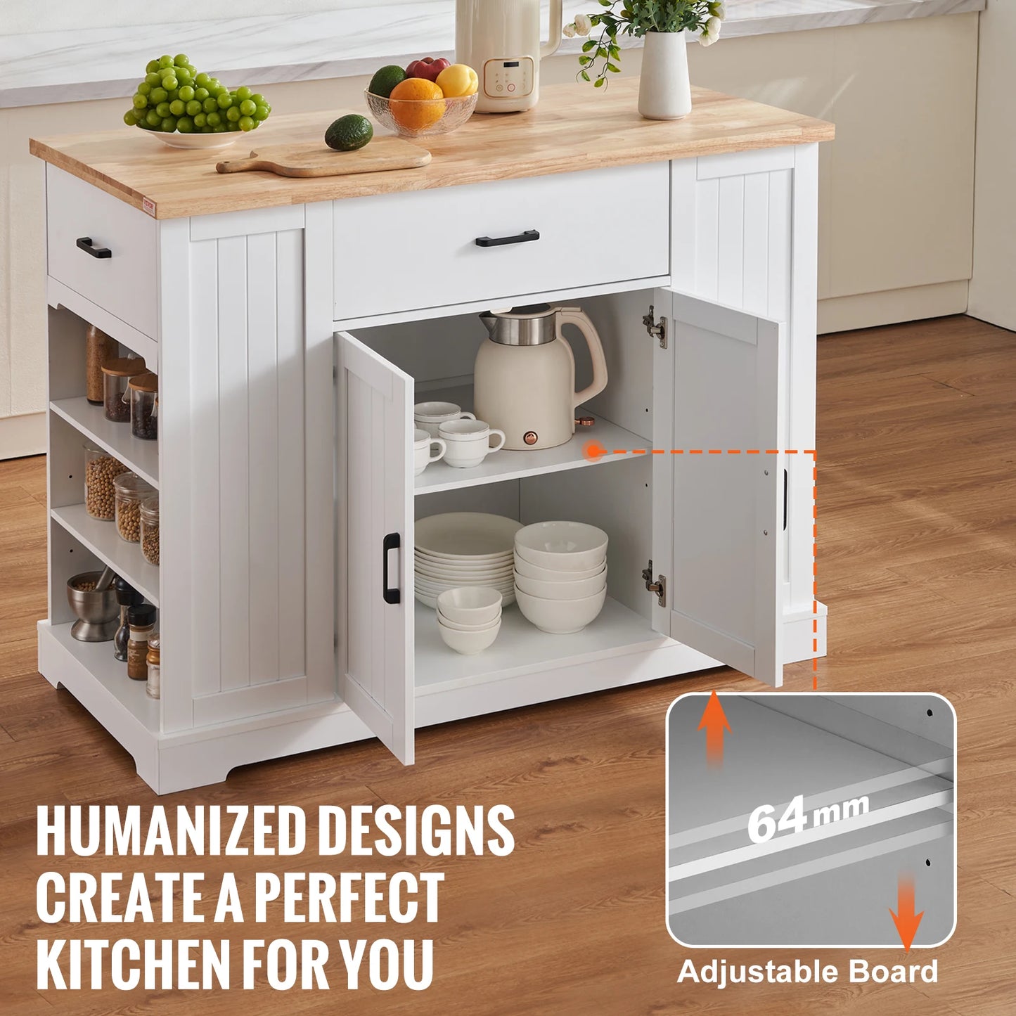 SucceBuy Kitchen Island Cart 46" Wood Top Breakfast Bar with Storage Cabinet Farmhouse Kitchen Table with Shelf Drawer