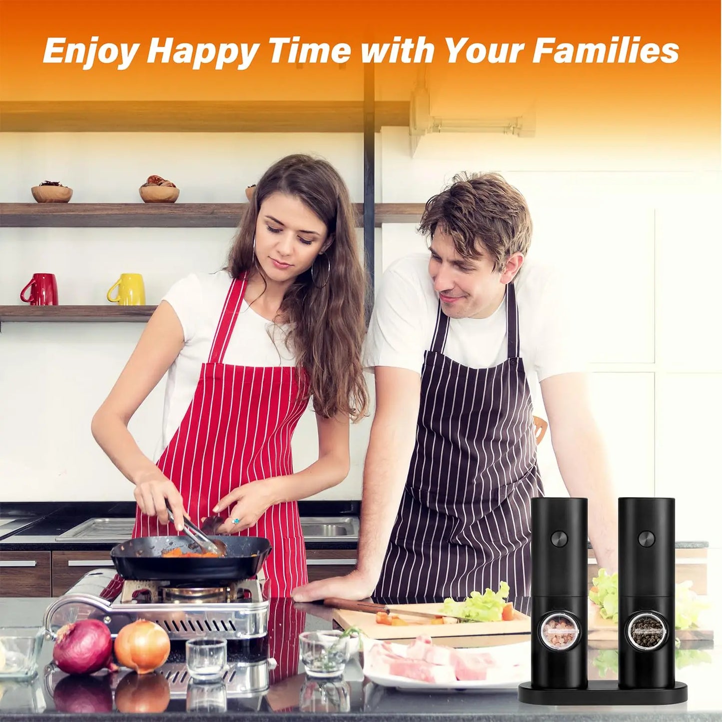 Electric Salt and Pepper Grinder Set, Adjustable Coarseness One Hand Operation, Battery Powered with LED Light and Stand,