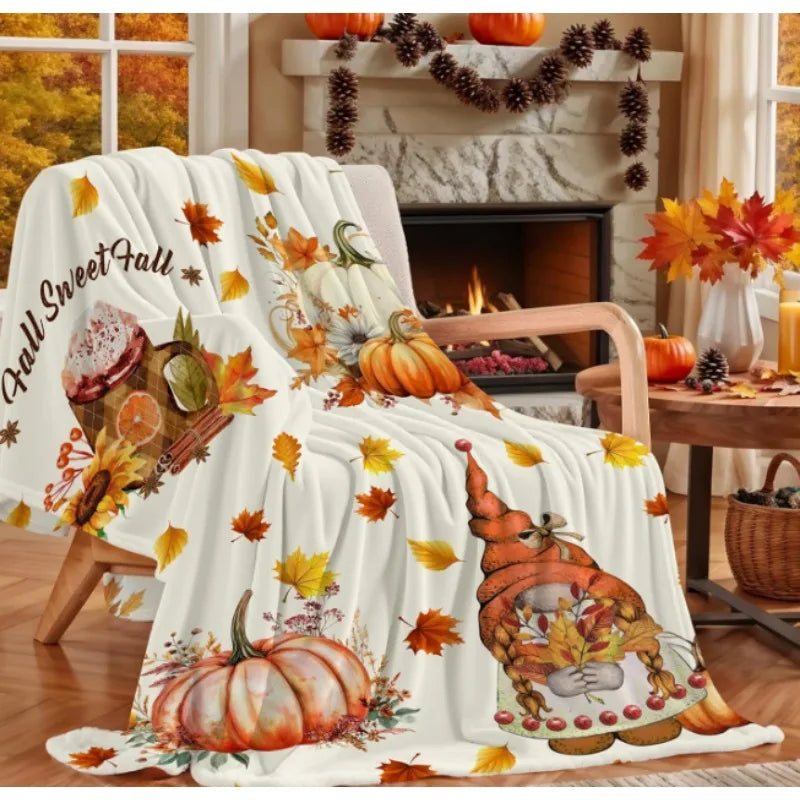 Fall Pumpkin and Gnome Throw Blanket, Fall Maple Leaf Blanket, Fall Themed Thanksgiving Farmhouse Home Decor Gift