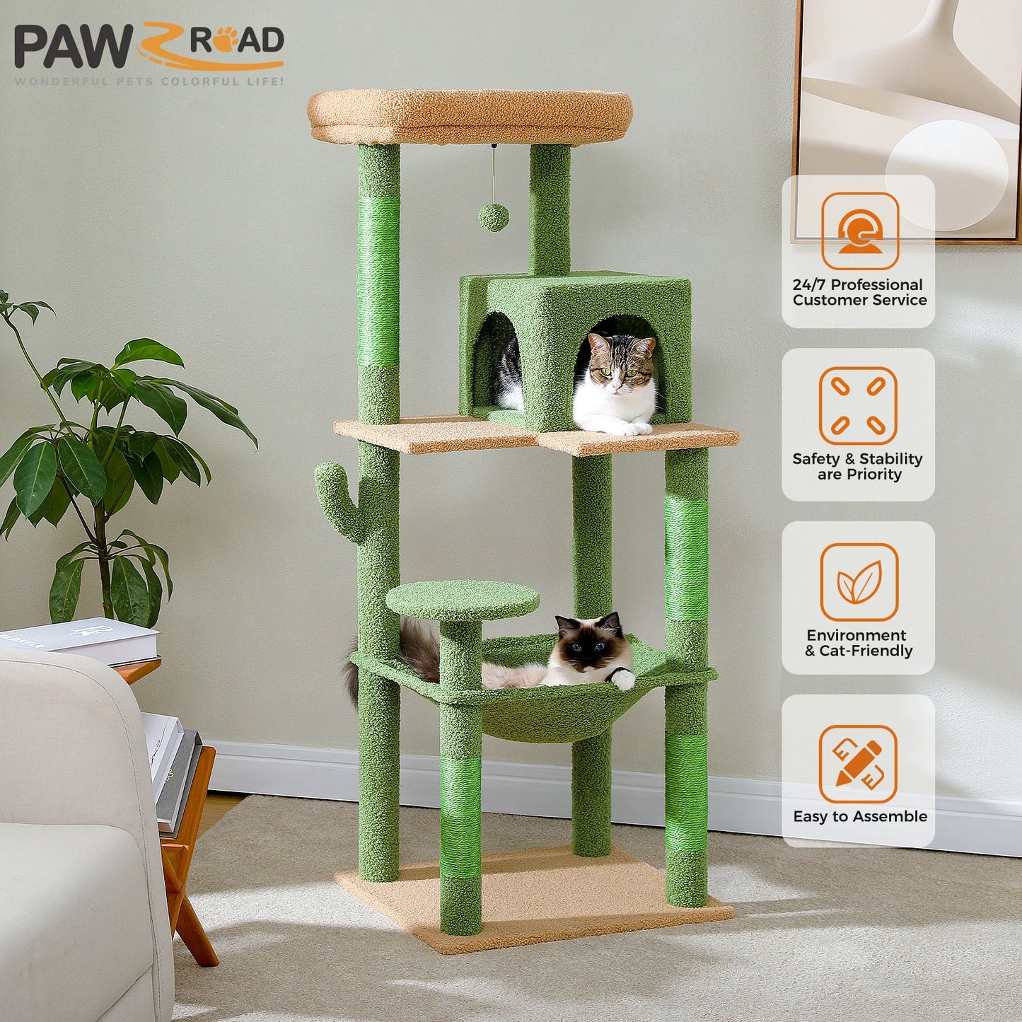 Green Cat Tree for Indoor Cats,  Large Hammock Cat Condo with Big Top Perch 5-Level Cat Tower for Large Cats with Metal Frame