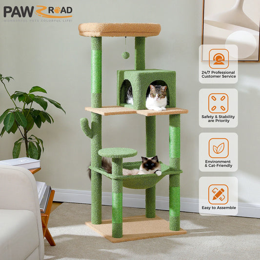 Green Cat Tree for Indoor Cats,  Large Hammock Cat Condo with Big Top Perch 5-Level Cat Tower for Large Cats with Metal Frame