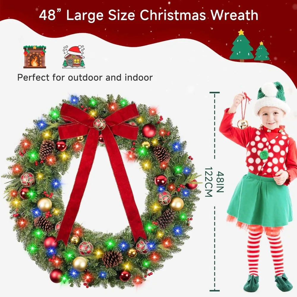 Vlorart 48 Large Outdoor Christmas Wreath with 200 LED Lights, Artificial Pre-lit Decor for Home Exterior