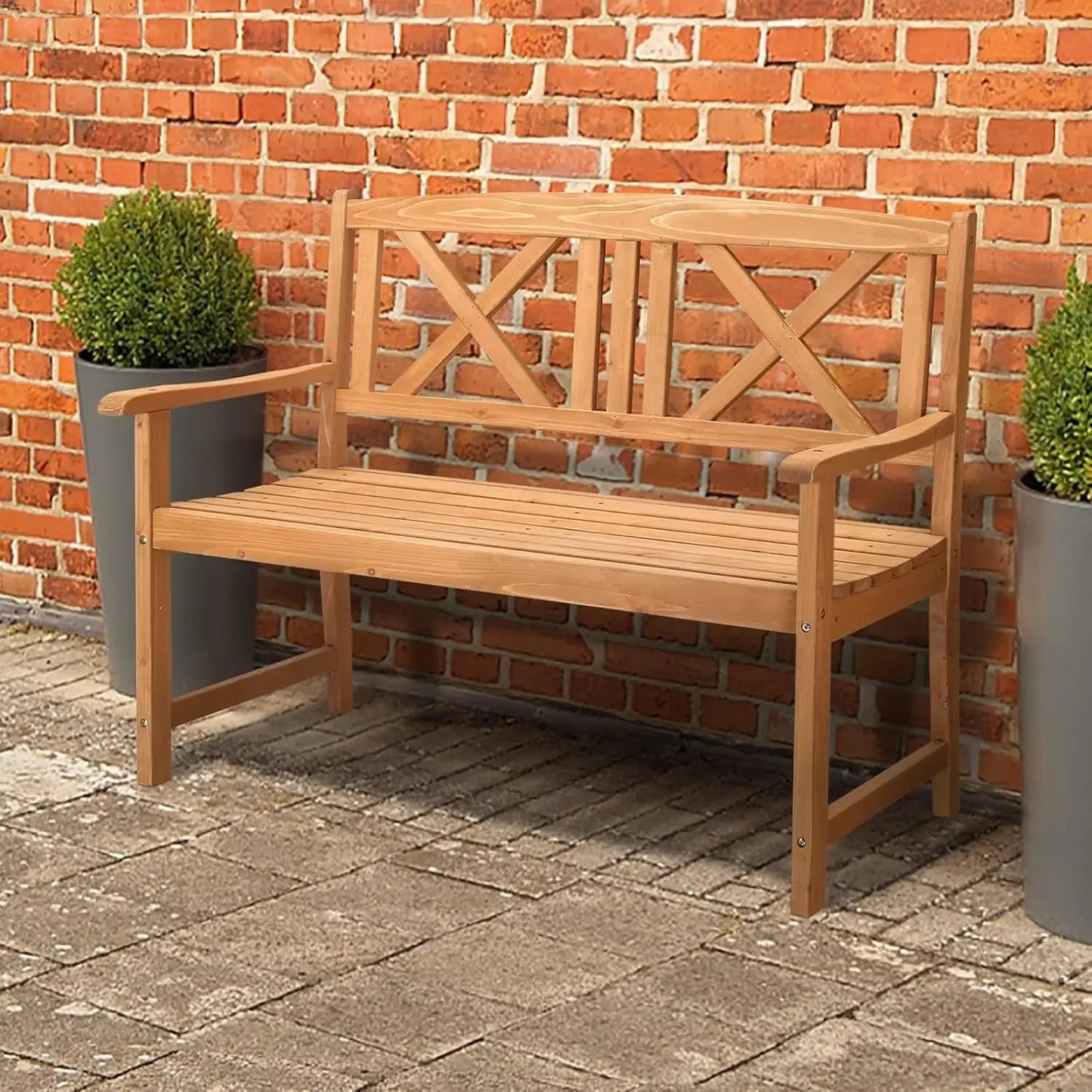 Wooden Garden Bench, Outdoor Wood Patio Bench, Rustic 2-Person Loveseat Chair W/Armrest For Porch Poolside Park Backyard