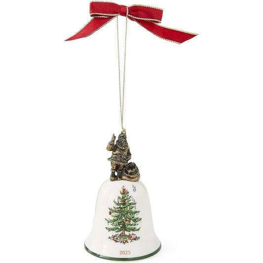 Spode Christmas Tree Holiday Santa Bell Ornament 2025 BellShaped Christmas Tree Decoration with GoldColored Santa Figurine Pres