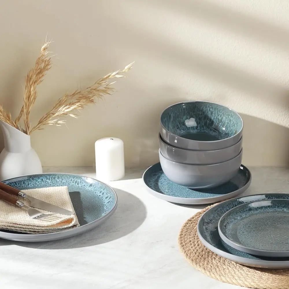 Ceramic Dinnerware Sets For 4, 12 Pieces, Handcrafted Stoneware Plates And Bowls Sets With Flowing Glaze, Microwave &