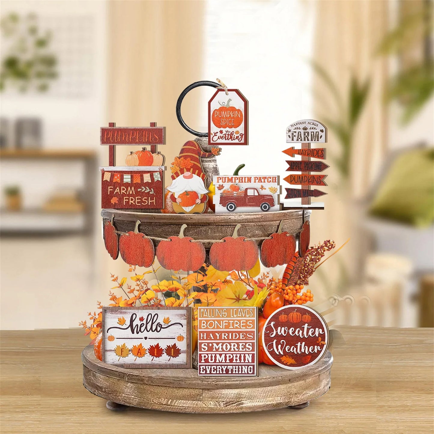 Thanksgiving Harvest Decor Set of 12 Rustic Wooden Pumpkin Maple Leaf Table Centerpieces for Fall Home Party Decorations