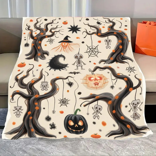 Flannel Blanket-Soft Lightweight All-season Halloween Themed Baby Blanket with Spooky Pumpkin Skeletons and Bats Design