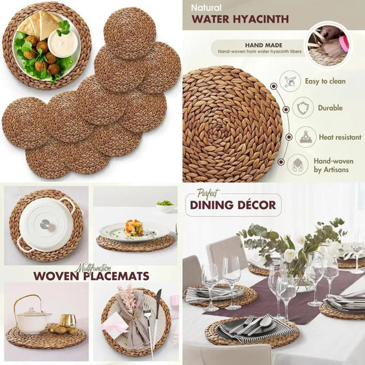 (Sizes:11.8"-13.5''-15")  Round Woven Placemats, 13.5'' Natural Wicker Straw Mats (Pack of 10), Hand-Braided Non-Slip & Heat Res