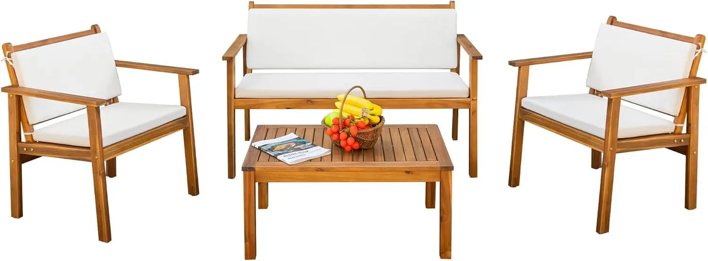 Patio Furniture 4 Piece Acacia Wood Outdoor Conversation Sofa Set for Garden, Deck, Backyard, Natural