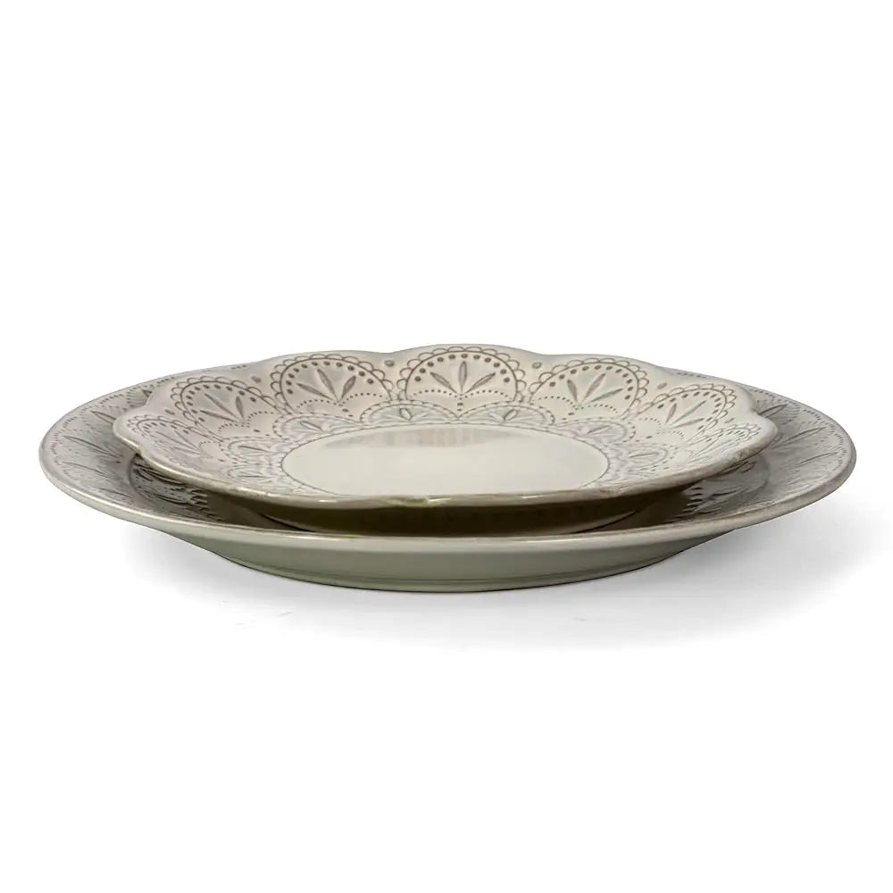 Elegant Round Emed Stoneware High Class Dinnerware Dish Set, 16 Piece, White