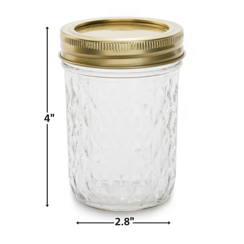 8oz Clear Quilted Glass Canning Jars Set 12 Count Airtight Seal Regular Mouth Dishwasher Safe Jams Pickles Sauces Preserving
