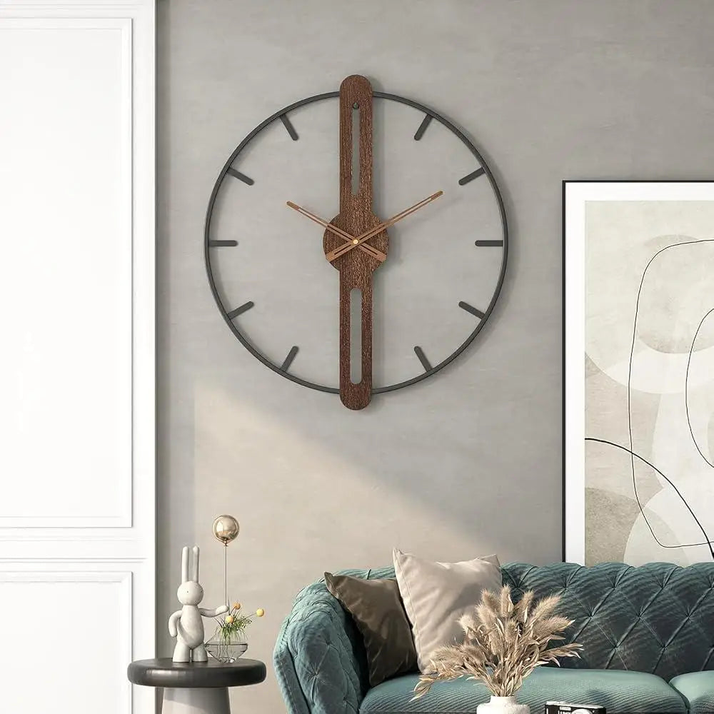 Modern Large Walnut Dial Wall Clock Silent Non Ticking Metal Frame Decorative Clock Living Room Bedroom Kitchen Study