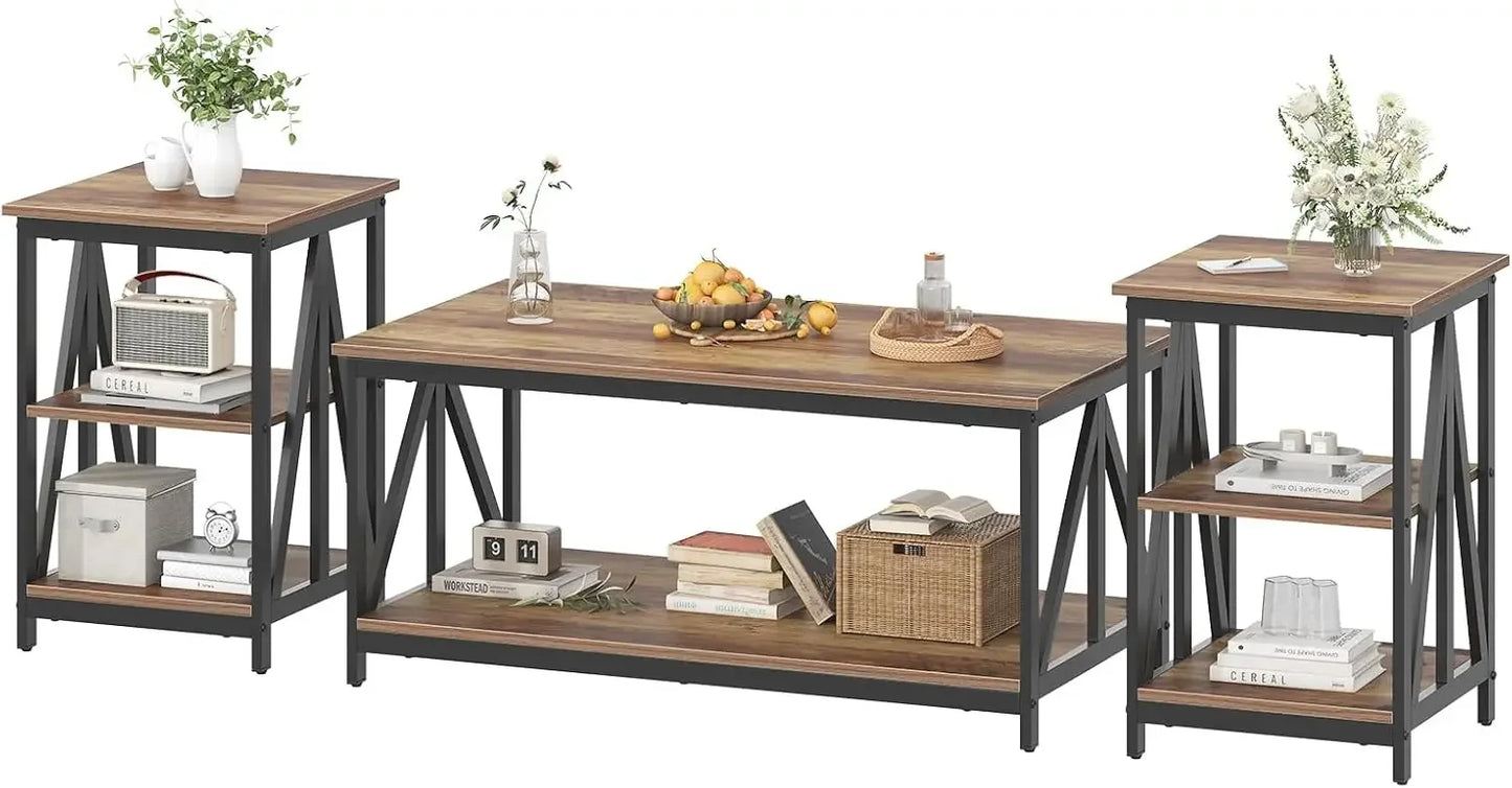 Bigbiglife Living Room Coffee Table Set of 3, Industrial X-Design Coffee Table and 2 End Side Tables,