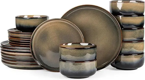 Handcrafted Terra Ceramic 8-Person Dinnerware Set with 24 Reactive Glazed Pieces, Including Plates and Bowls, Durable and Oven-S