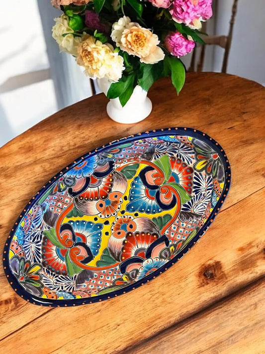 Handmade Talavera Large Oval Serving Platter – 18 inches, Vibrant Ceramic Dish for Meats & Table Decor, Dishwasher