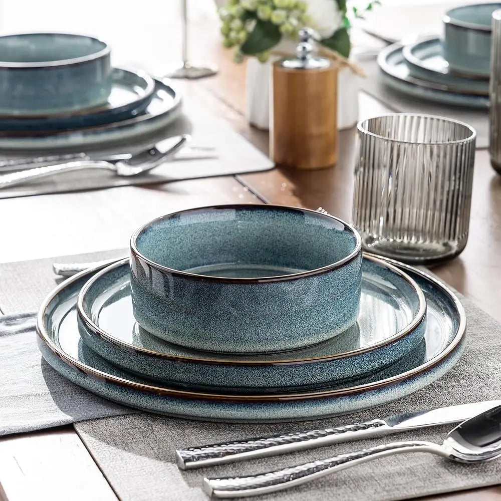Ceramic Dinnerware Sets For 4, 12 Pieces Stoneware Plates And Bowls Sets, Reactive Glaze Dishes -Scratch Resistant,