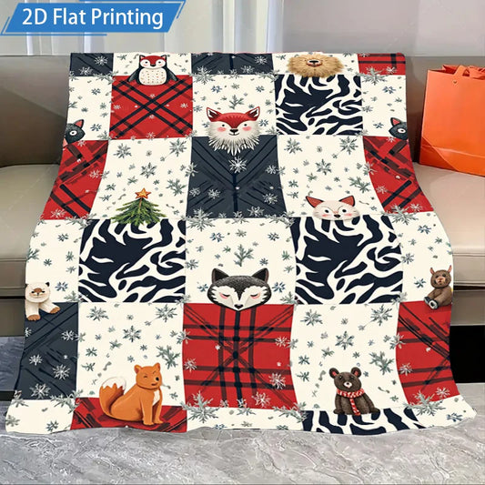1pc Flannel Blanket Christmas Animal Print Fleece Blanket, Cozy Winter Bedding for Home Decor