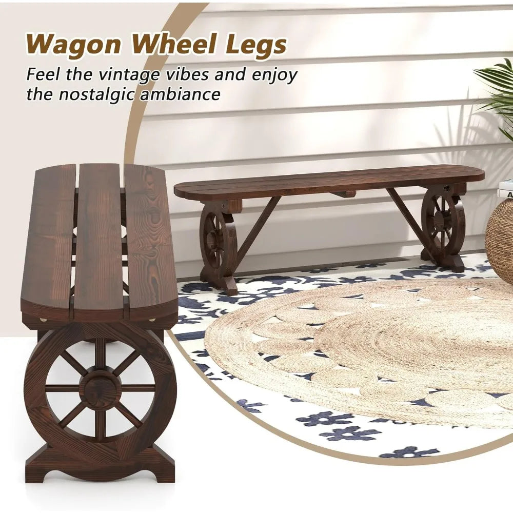 2-Person Wooden Outdoor Bench with Wagon Wheel Legs, Slatted Seat, Rustic Country Design, 710 Lbs Weight Capacity, Patio Bench