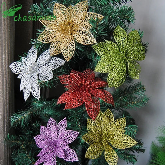 10Pc 6''(10cm) Glitter Hollow Artificial Flower for Children Birthday Party Decoration New Year Christmas Decor for Home Orchid
