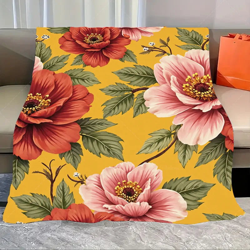 1pc Flannel Blanket Vibrant Floral Throw Blanket - Retro Style for Cozy Living Room Decor