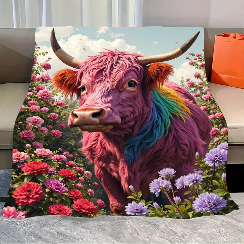 1pc Flannel Blanket Rustic Highland Cattle in Forest Scenic Blanket - Cozy Cabin Style Throw