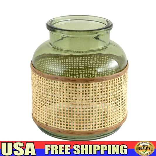 Translucent Green Glass Vase Rattan Caning Wrap Indoor Tabletop Decorative Flower Holder Stain Resistant Home Decor Accent Piece