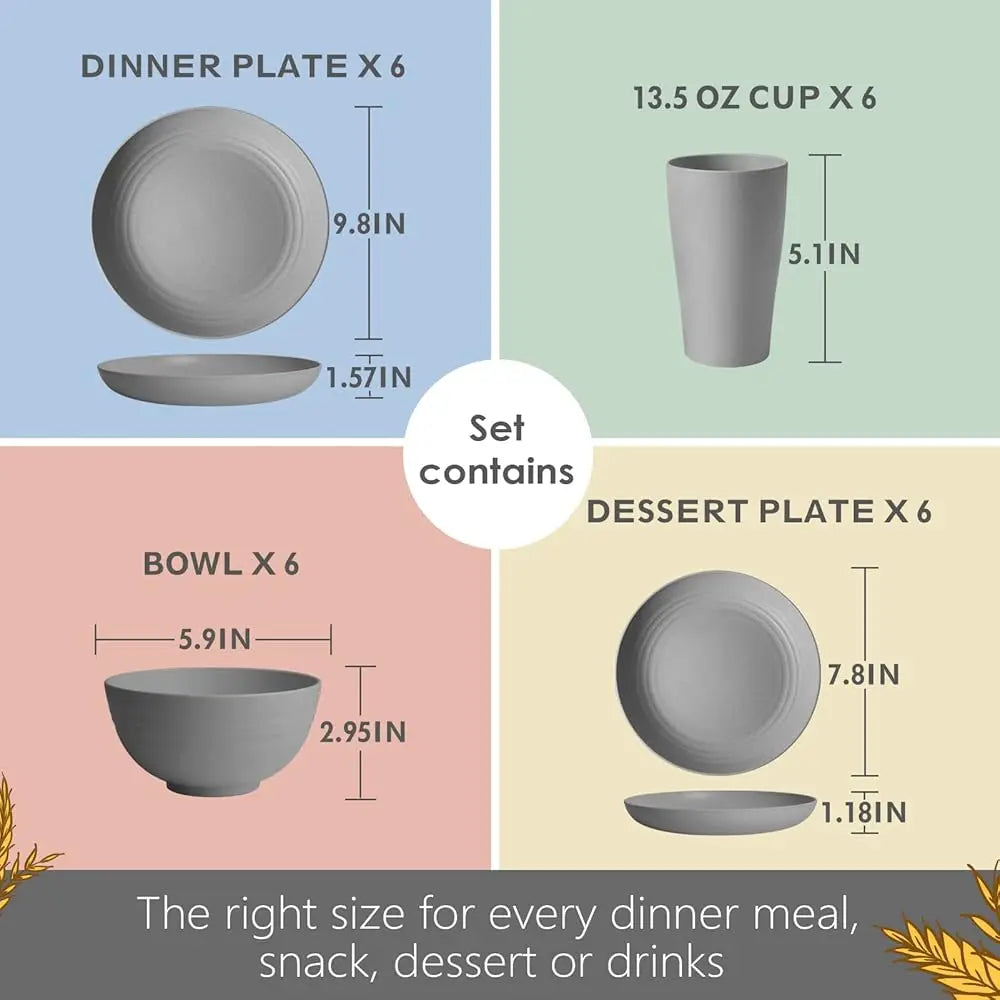 24-Piece Kitchen Plastic Wheat Straw Dinnerware Set, Service For 6, Dinner Plates, Dessert Plate, Cereal Bowls, Cups,
