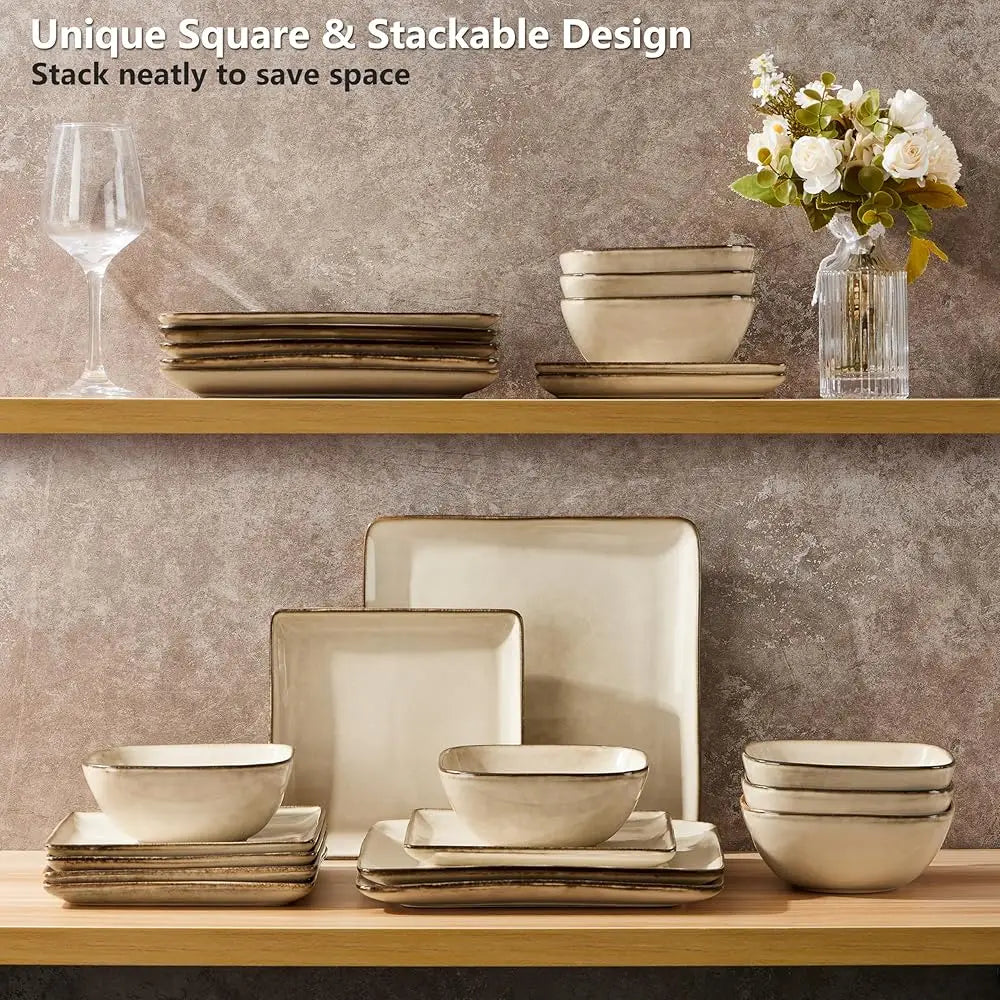 Square Plates And Bowls Sets, 12-Piece Stoneware Dinnerware Sets For 4, Reactive Glaze Dish Set, Chip And Scratch Resistant,