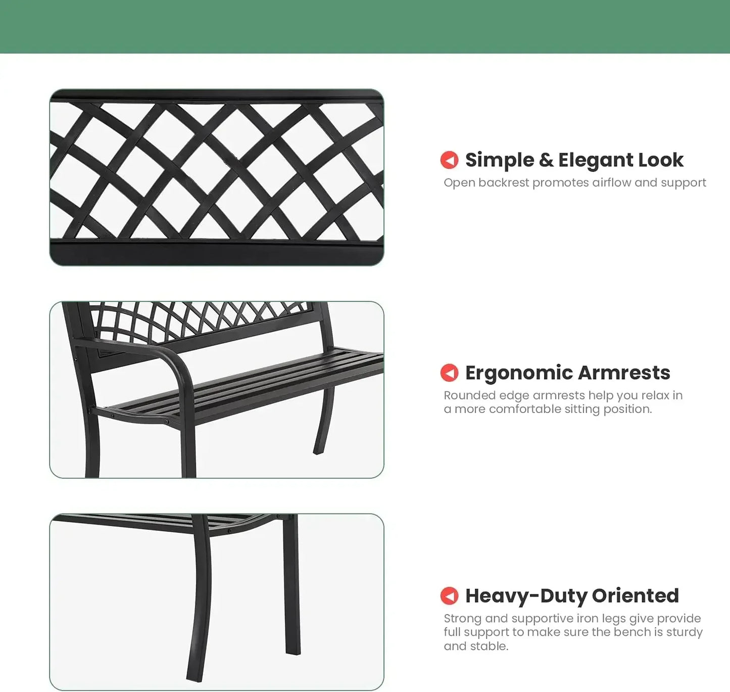 Customizable-Garden Bench,Outdoor Benches,Iron Steel Frame Patio Bench With Mesh Pattern And Plastic Backrest Armrests ,Black