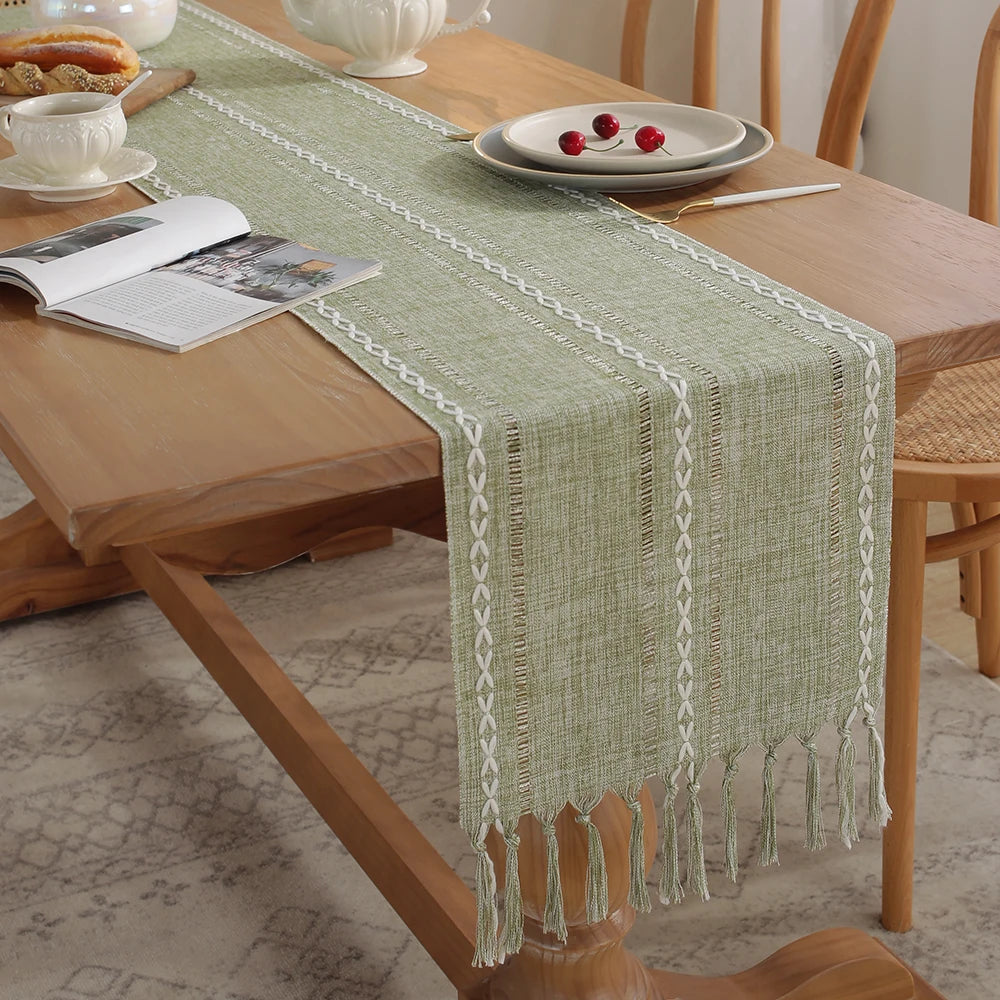 MACT Rustic Table Runner with Tassels Cotton Linen Embroidered Table Runners for Dining Table Decorations Holiday Party Wedding