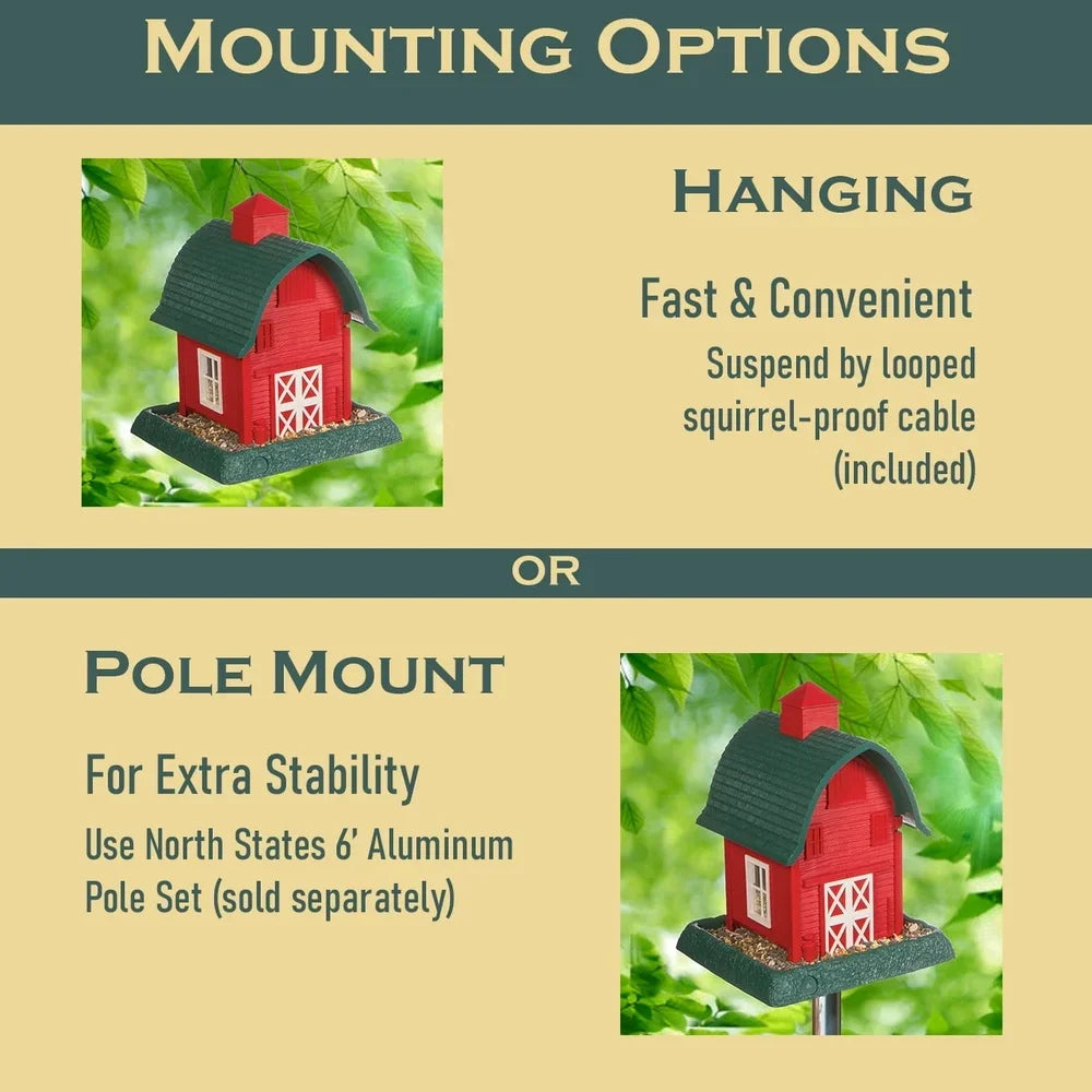 Red Barn Hopper Bird Feeder 5lb Capacity Squirrel Proof Durable Plastic Removable Tray Hanging or Pole Mounted Cardinals