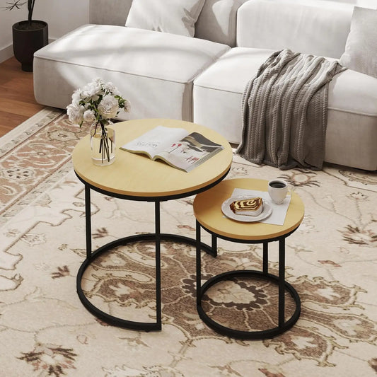 Nesting Tables Set of 2, Round Coffee Table, Small Nesting Coffee Table with Adjustable Non-Slip Fee, Wood Grain Top Nesting Tab