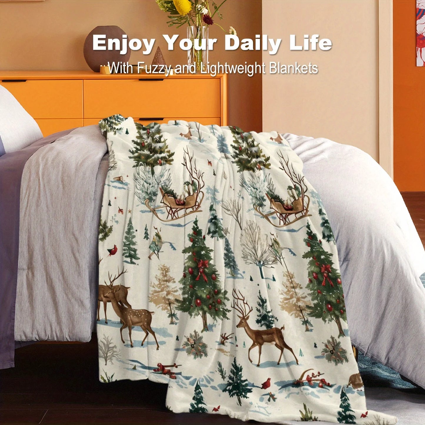 Cozy Christmas-Themed Flannel Throw Blanket - Soft, Lightweight & Warm for All Seasons - Perfect for Bed, Sofa, Office, Camping