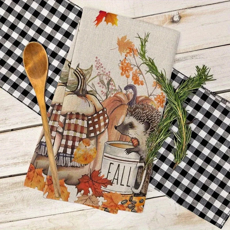 Fall Hedgehog Pumpkins Kitchen Dish Towels Cleaning Cloths Autumn Absorbent Bathroom Towel Hand Towel Baking Cooking Cloth Decor