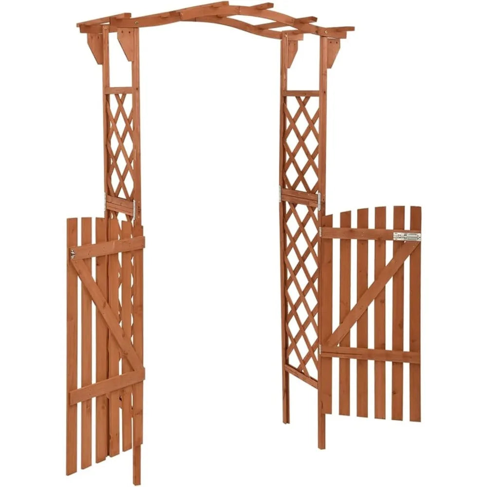 Garden Arch with Gate Firwood Outdoor Climbing Plants Garden Arbor for Lawn, Poolside, Backyard, Patio, Terrace, Outdoor Decora