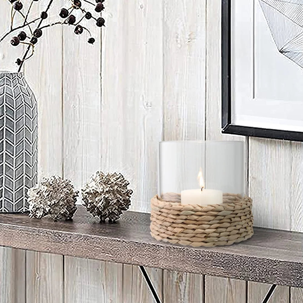 2 Pack Decorative Hurricane Candle Holder Woven Hyacinth Reed Pillar Style Home Decor Accent Gift